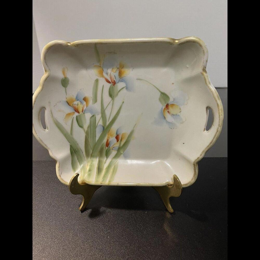 Nippon Vintage 1940’s Square Handpainted Bowl Tray Handles Daffodils Gold Trim